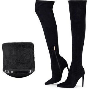 Women Black Suede Wools Lining Pointed Toe 4.3 inch Stilettos Thigh High Boots